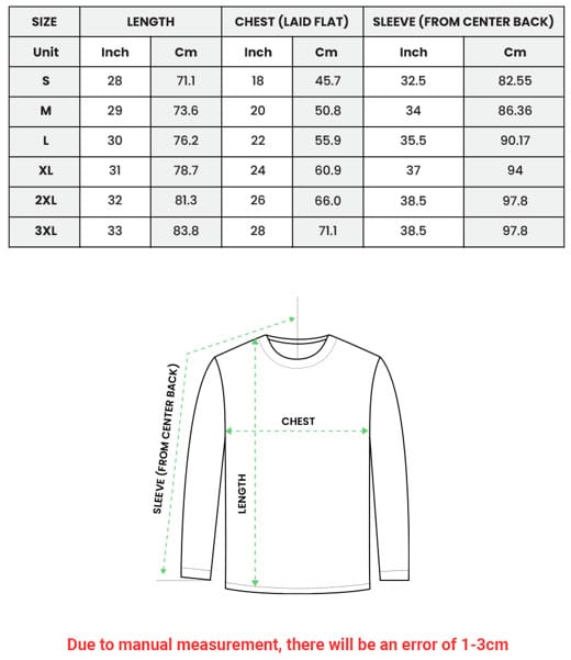 Dragon Ball Muten Roshi Long Sleeve T-Shirt Size Guide